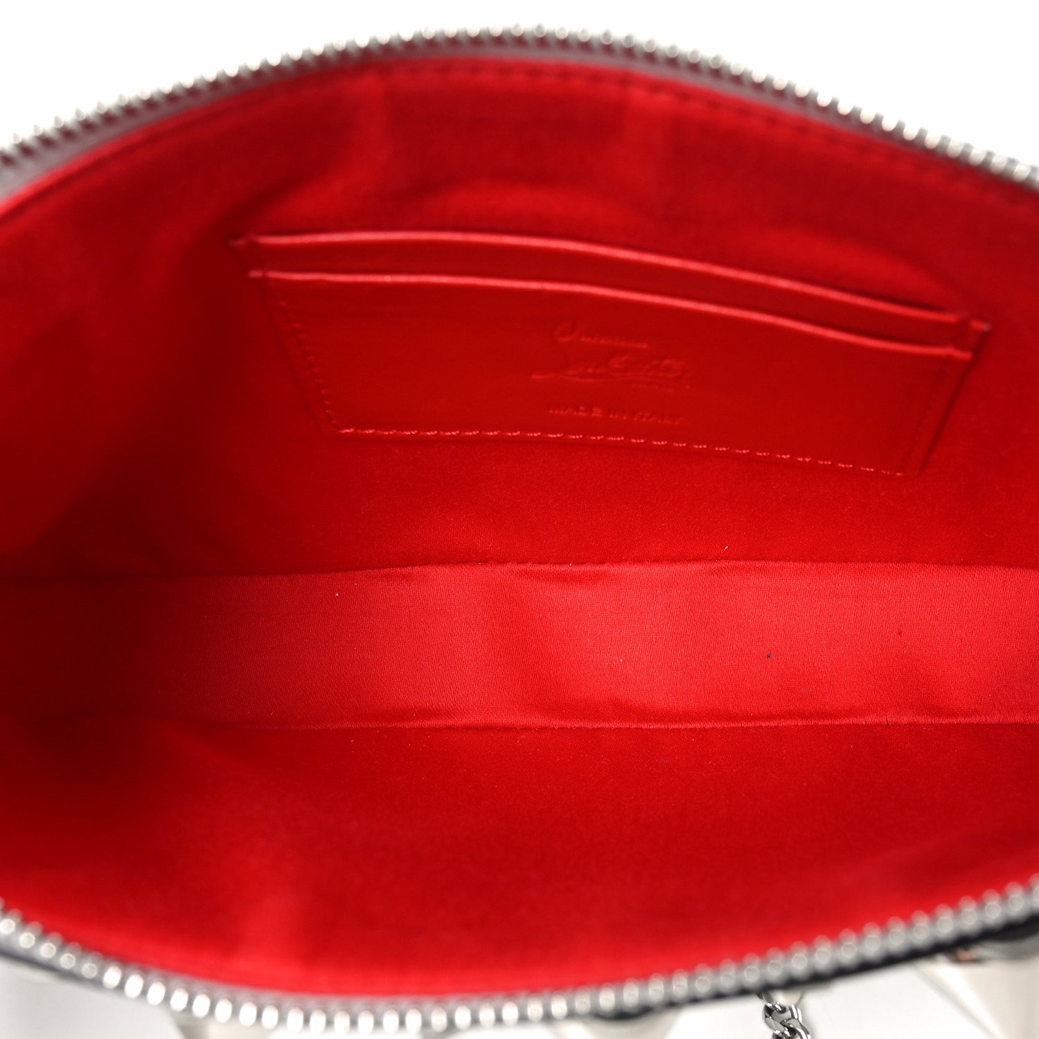 Metallic Patent Calfskin Flower Loubila Chain Clutch Silver