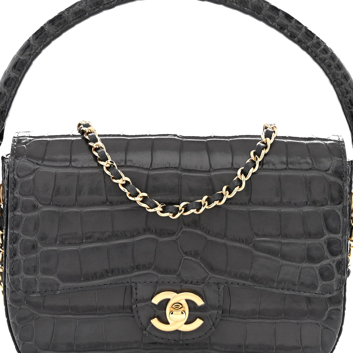 Calfskin Crocodile Embossed Turn Around Mini Flap Dark Grey