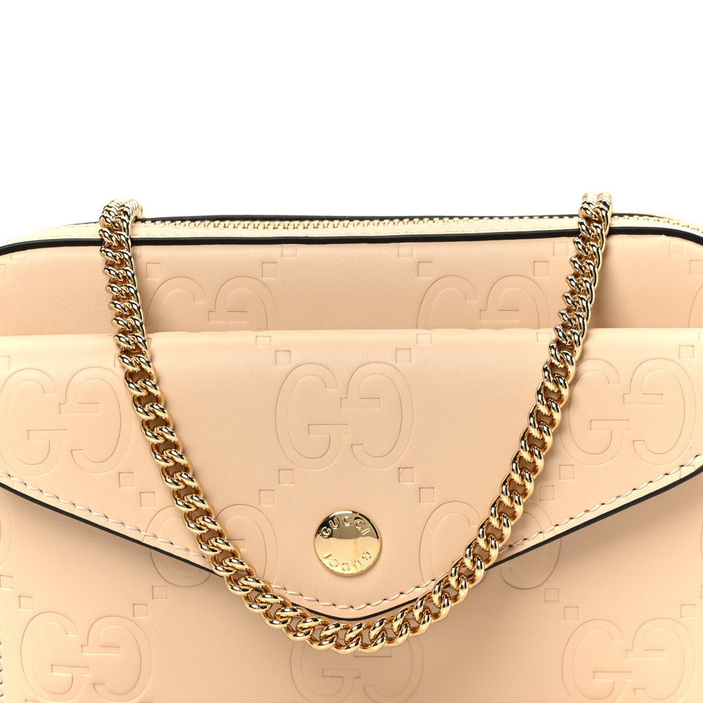 Calfskin GG Super Mini Debossed Chain Wallet Light Beige
