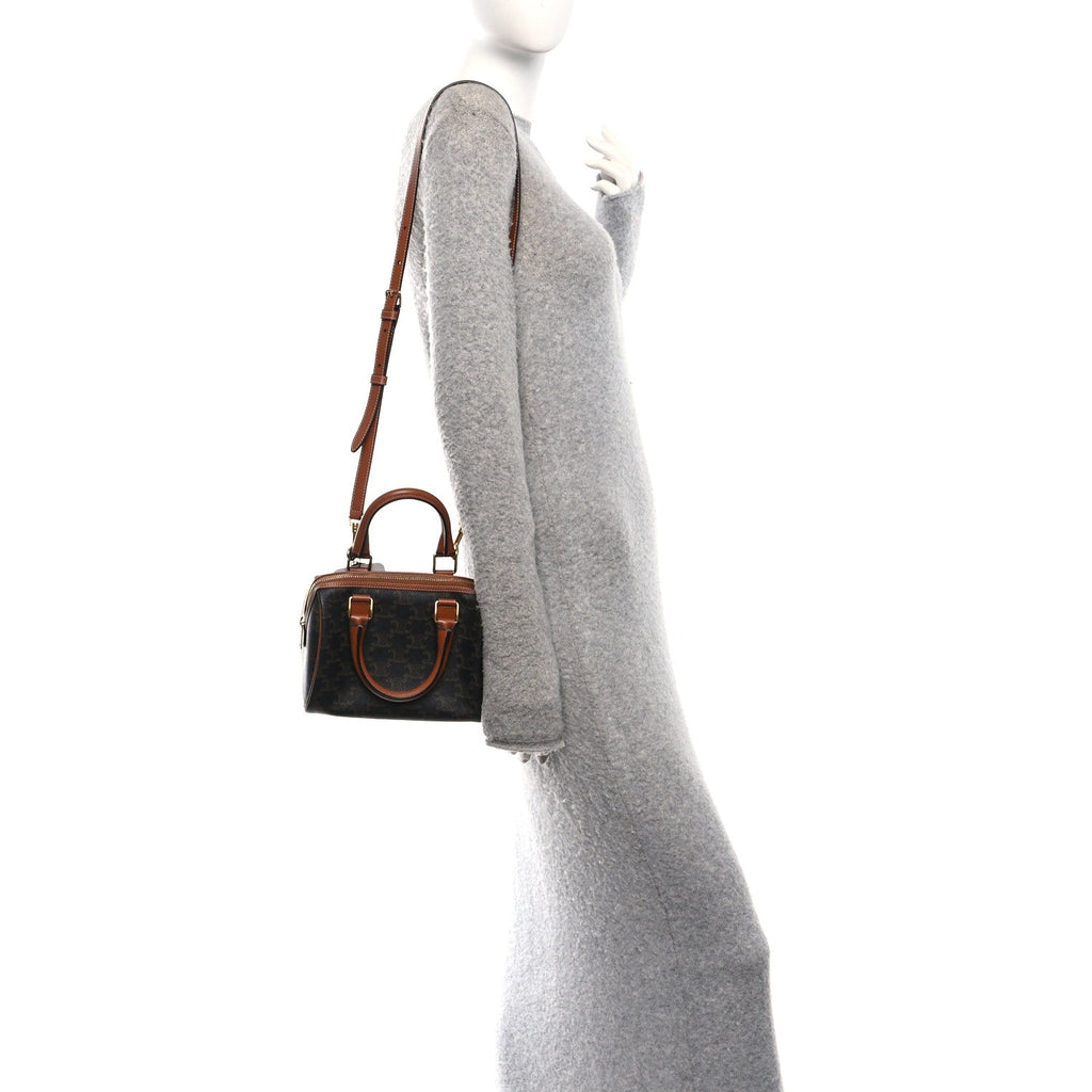 Triomphe Canvas Calfskin Small Boston Bag Tan