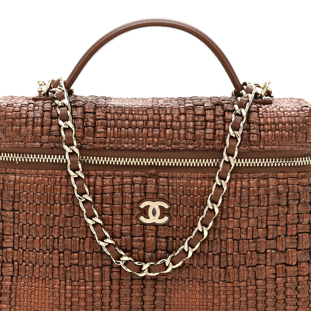 Braided Raffia Top Handle Slim Vanity With Chain Brown