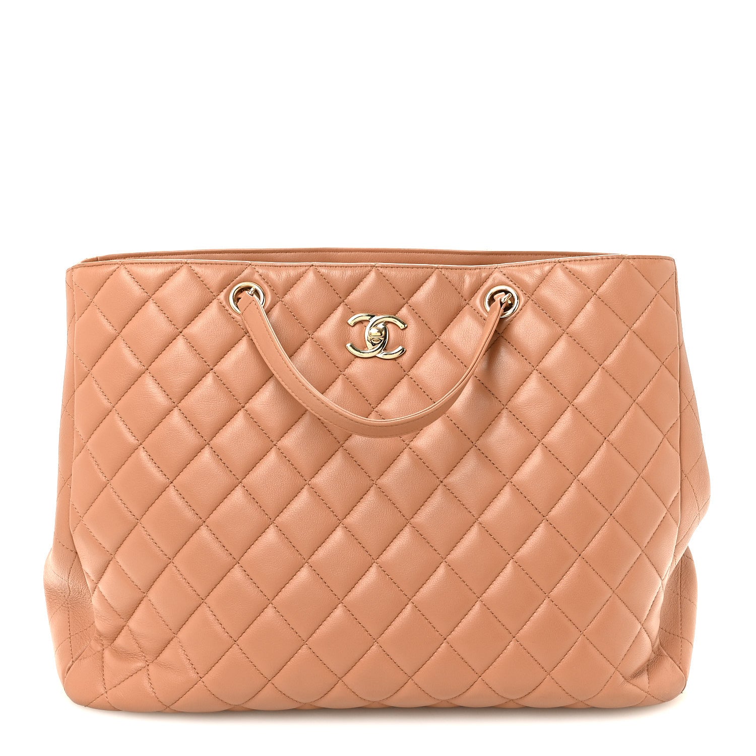 Calfskin Quilted Large CC Shopping Tote Camel