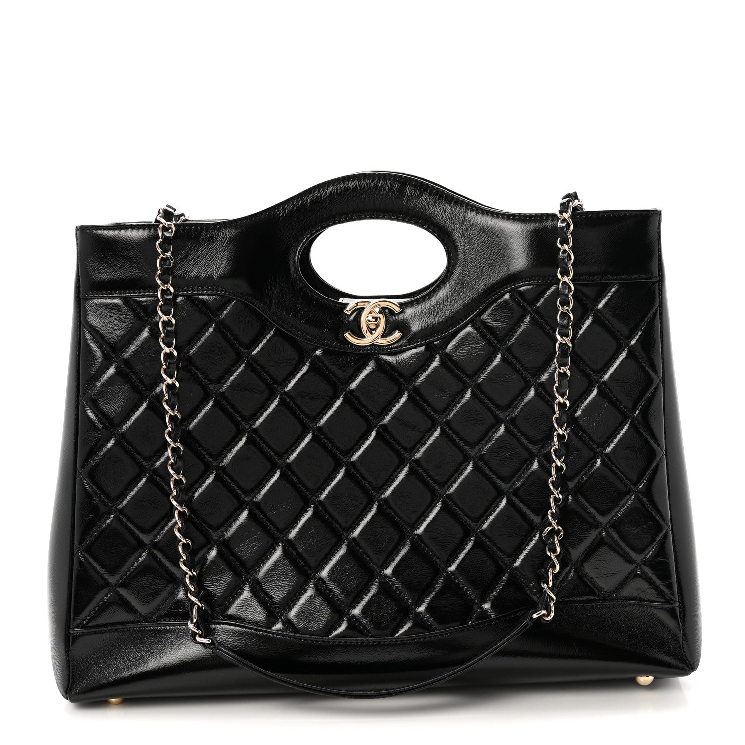 Shiny Lambskin Quilted Large 31 Shopping Bag Black