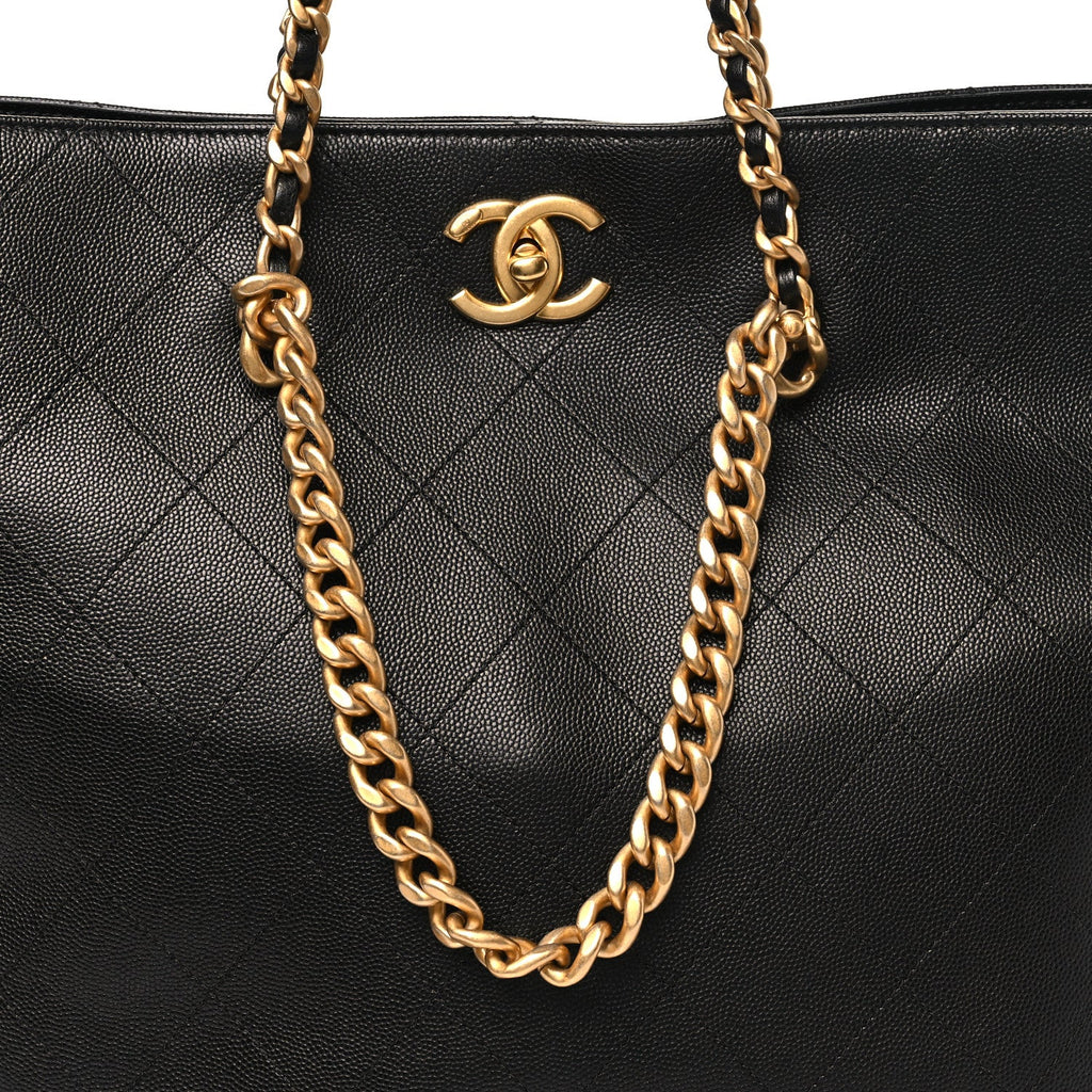 Shiny Caviar Stitched Softly Quilted Tote Black