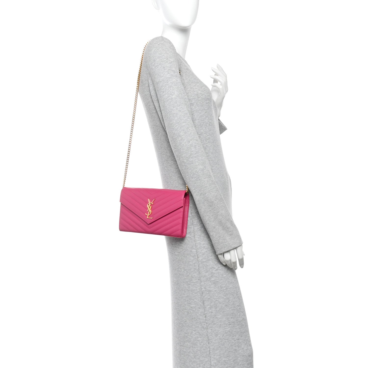 Grain De Poudre Matelasse Chevron Monogram Chain Wallet Lipstick Fuchsia