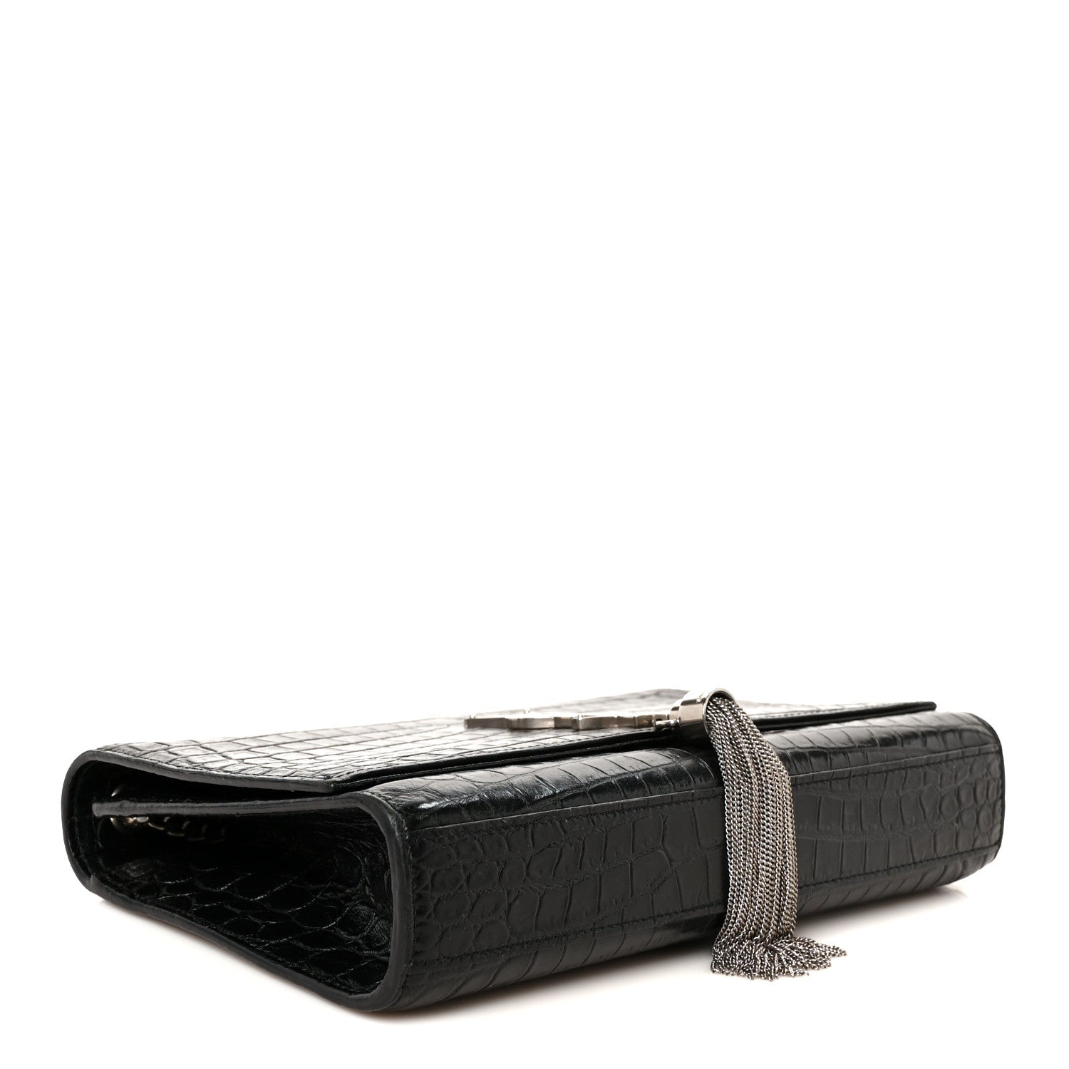 Calfskin Crocodile Embossed Medium Classic Monogram Kate Tassel Satchel Black