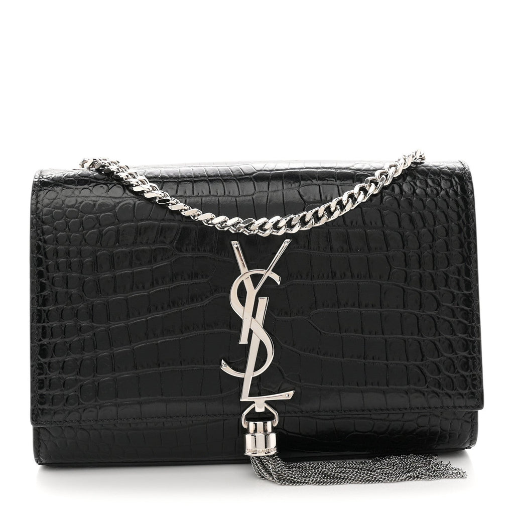 Calfskin Crocodile Embossed Small Classic Monogram Kate Tassel Satchel Black