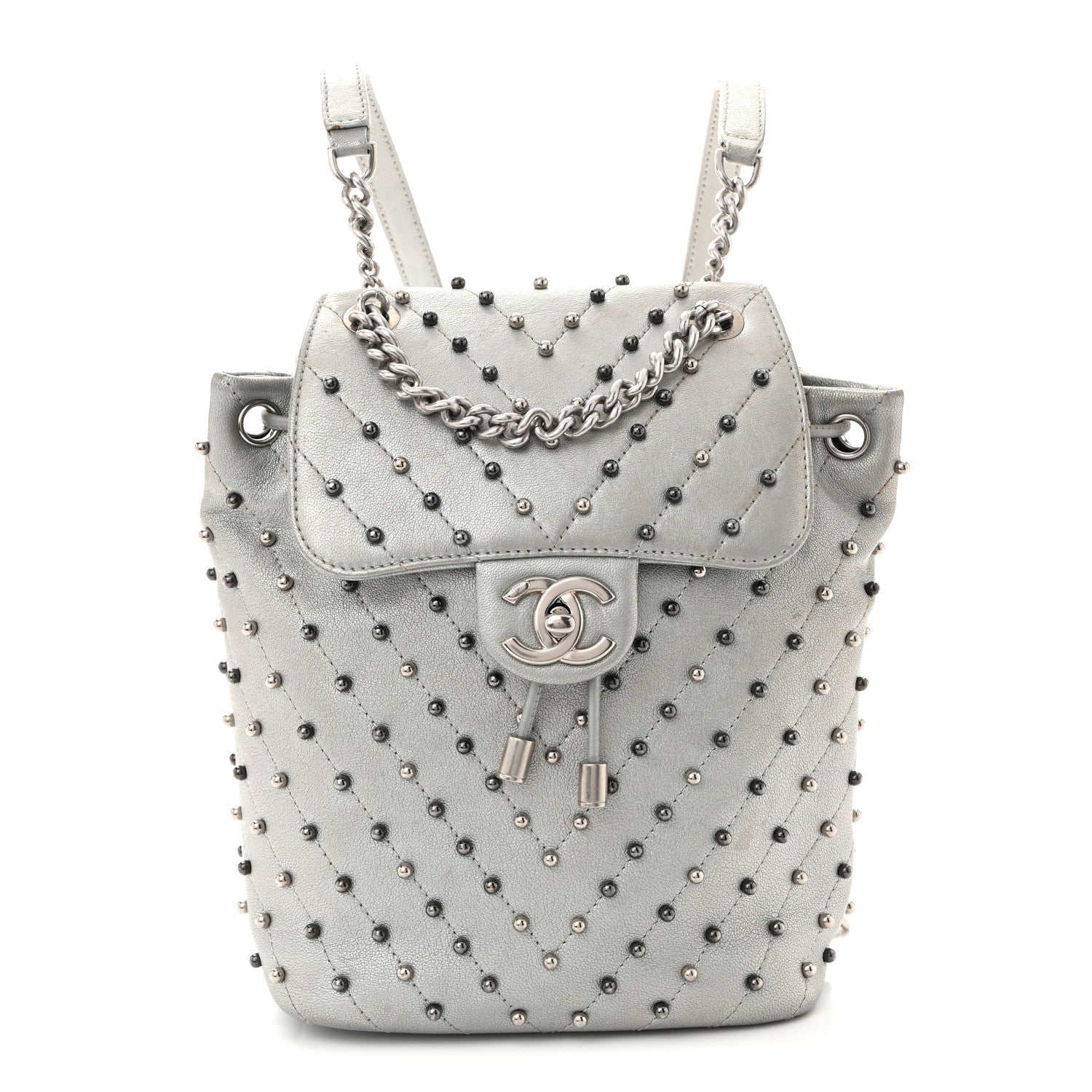 Metallic Lambskin Chevron Quilted Studded Stud Wars Backpack Silver