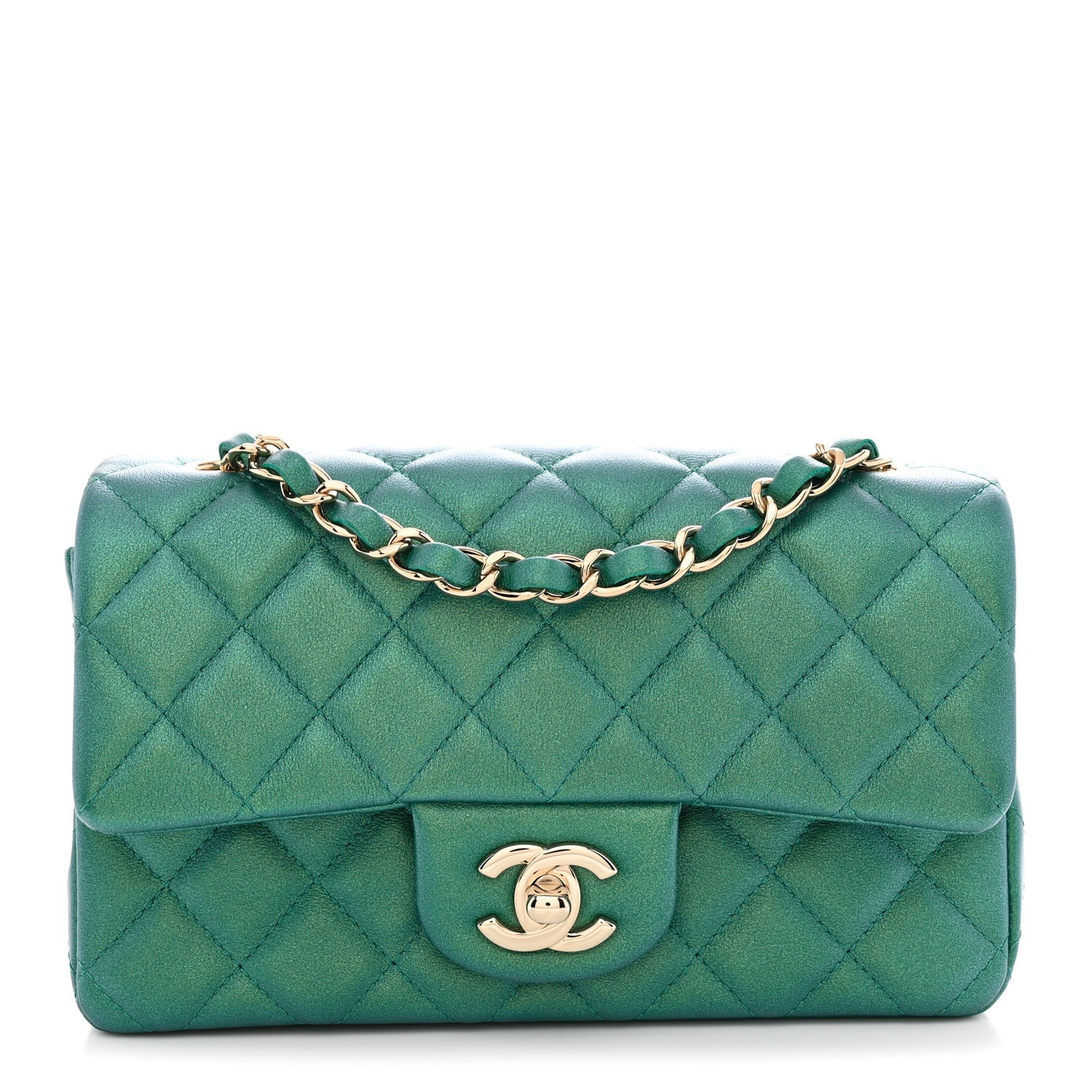 Iridescent Lambskin Quilted Mini Rectangular Flap Green