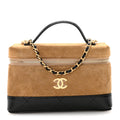 Suede Calfskin Shiny Lambskin Quilted Top Handle Slim Vanity Case With Chain Beige Black
