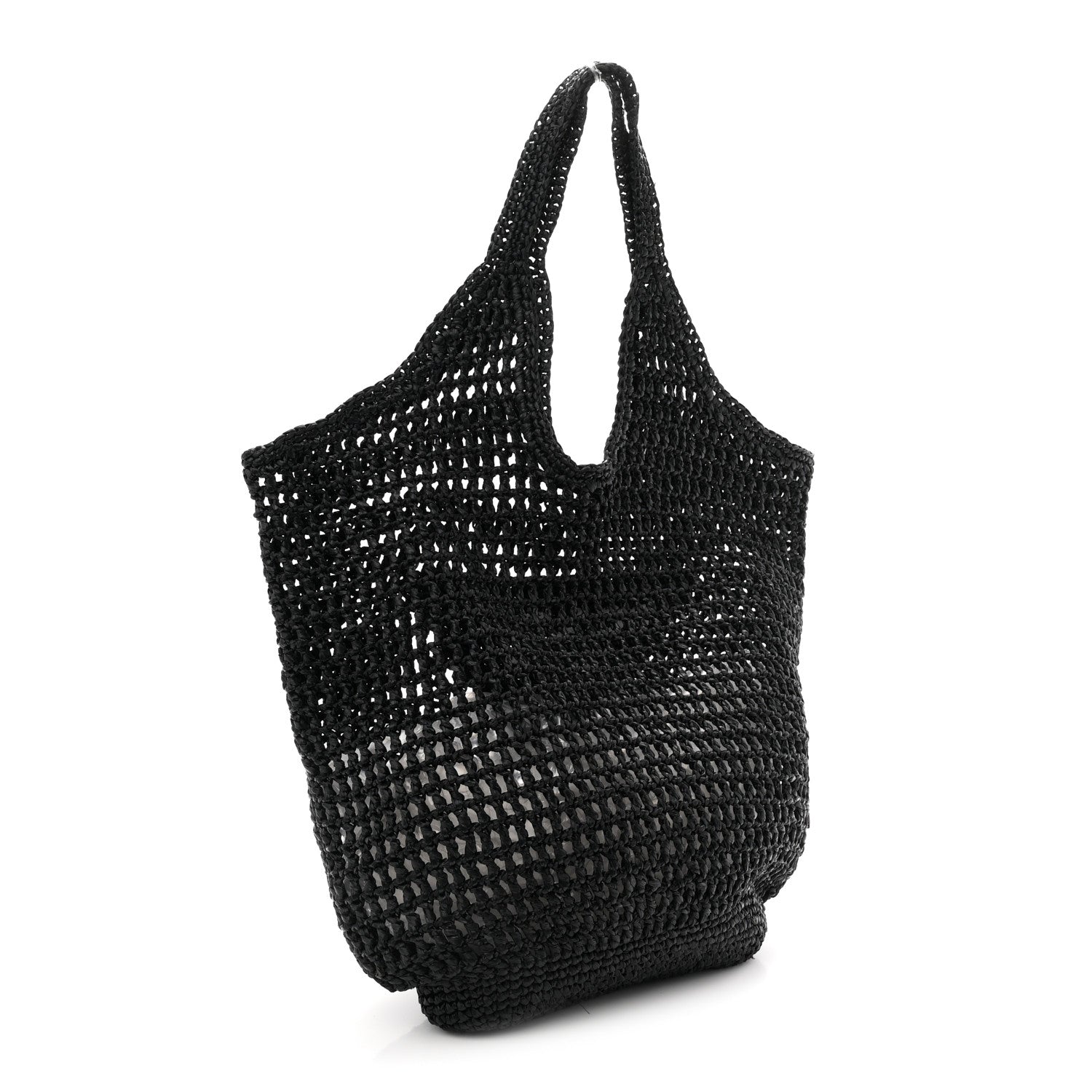 Yarn Raffia Effect Crochet Logo Embroidered Shopping Tote Bag Black