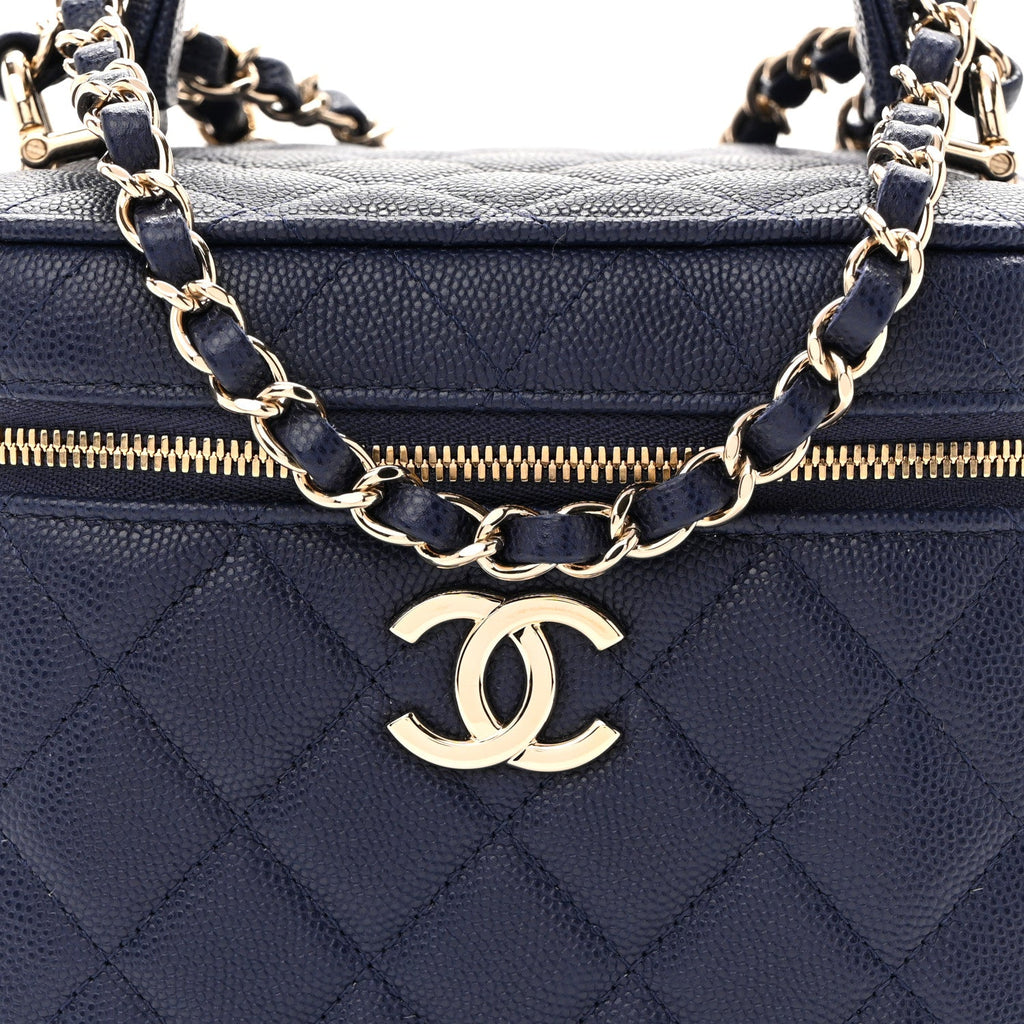 Caviar Quilted Small Top Handle Vanity Case With Chain Navy Blue
