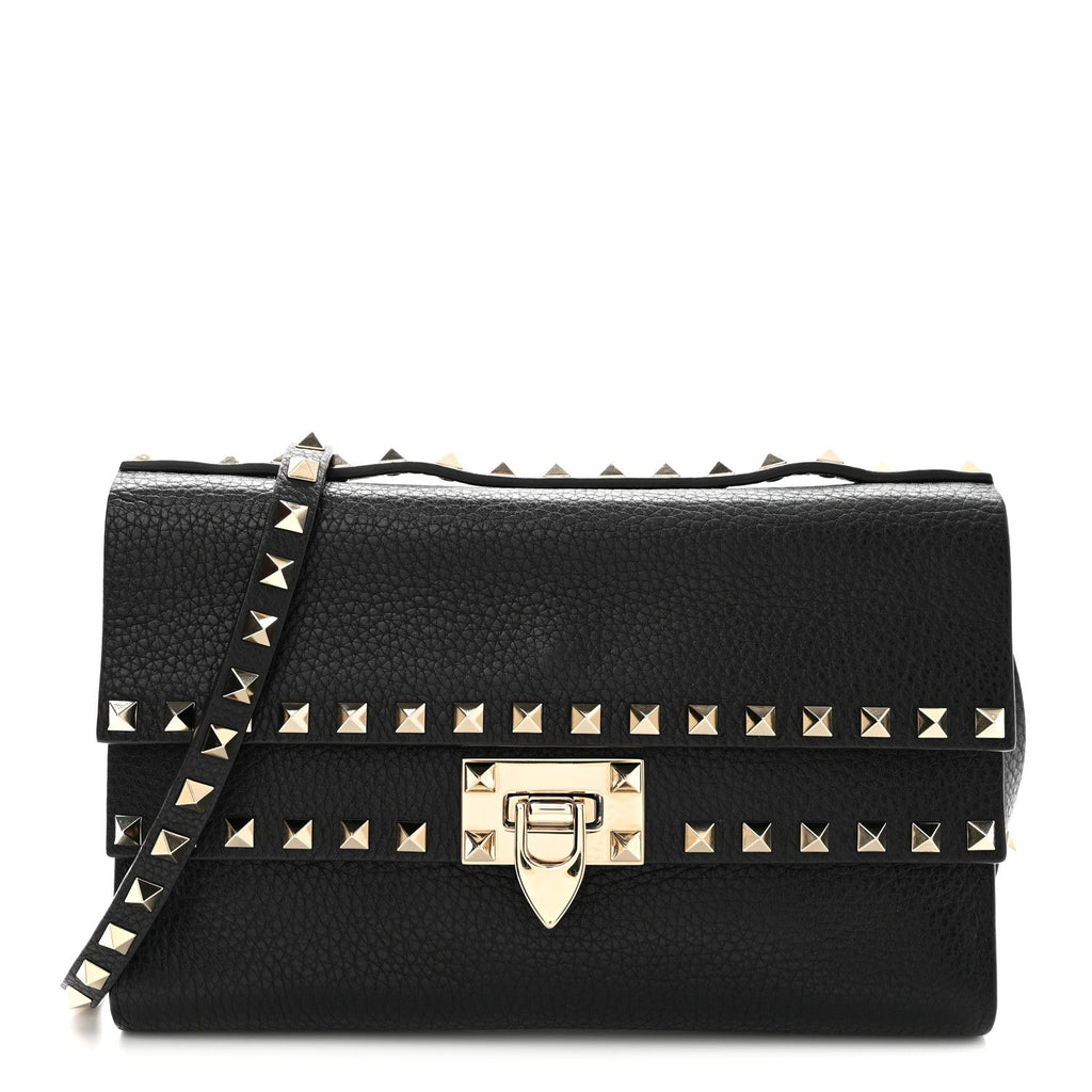 Pebbled Calfskin Rockstud Double Flap Crossbody Bag Black