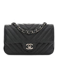 Iridescent Caviar Chevron Quilted Mini Rectangular Flap Black