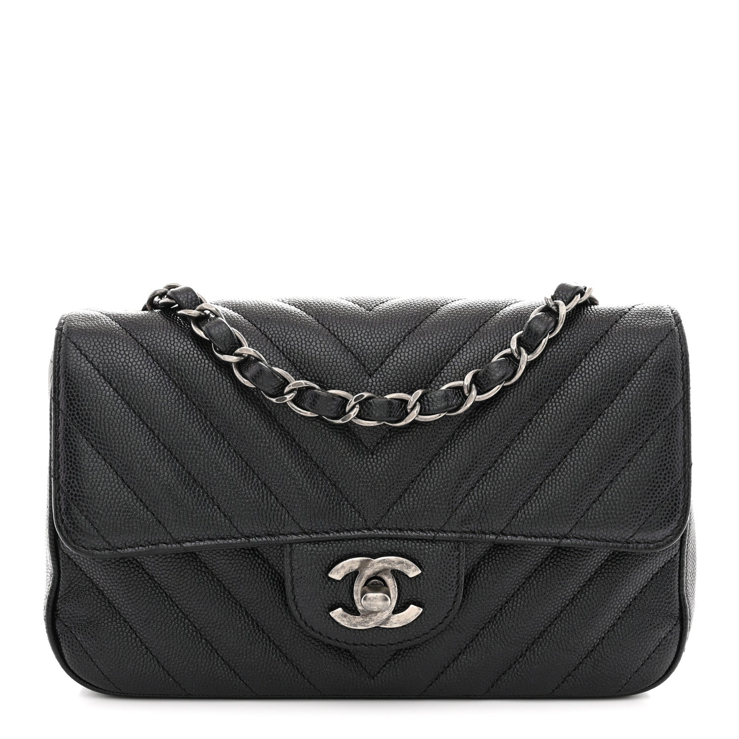 Iridescent Caviar Chevron Quilted Mini Rectangular Flap Black
