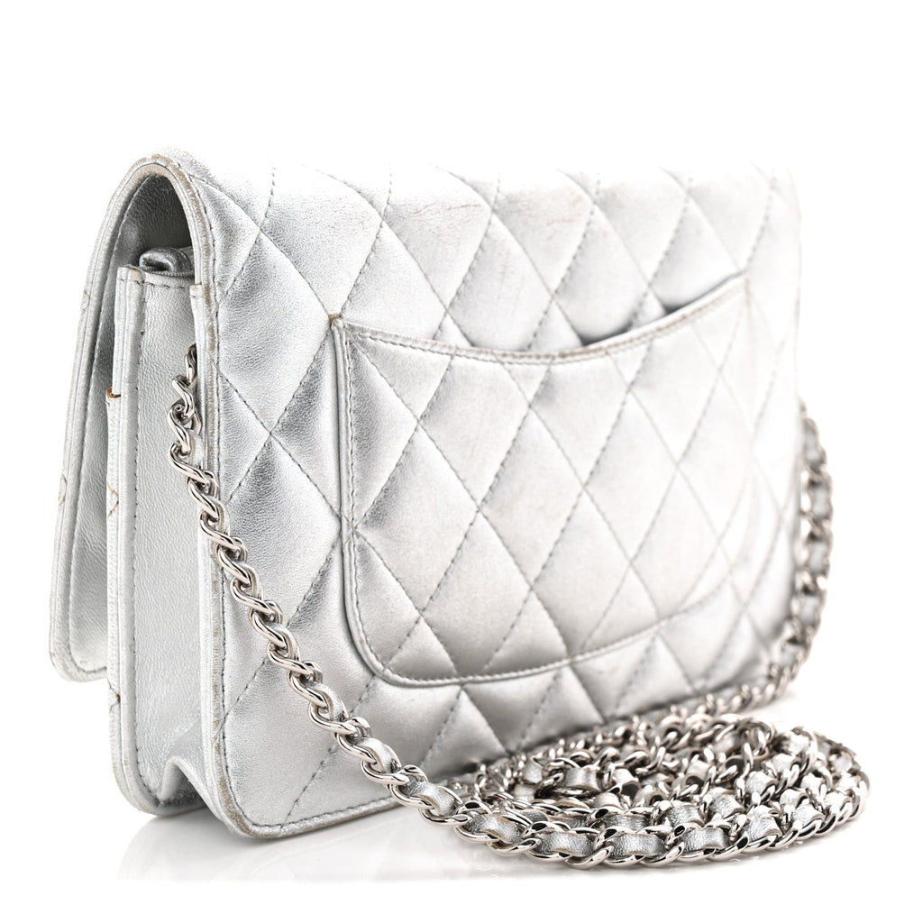 Metallic Lambskin Quilted Wallet On Chain WOC Silver