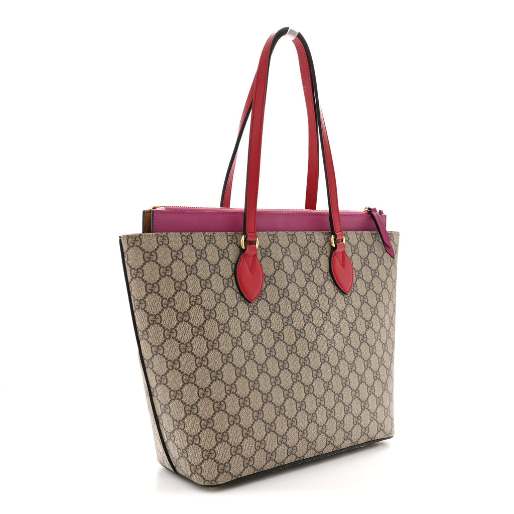 GG Supreme Monogram Medium Zippered Bucket Tote Beige Hibiscus Red New Rosette