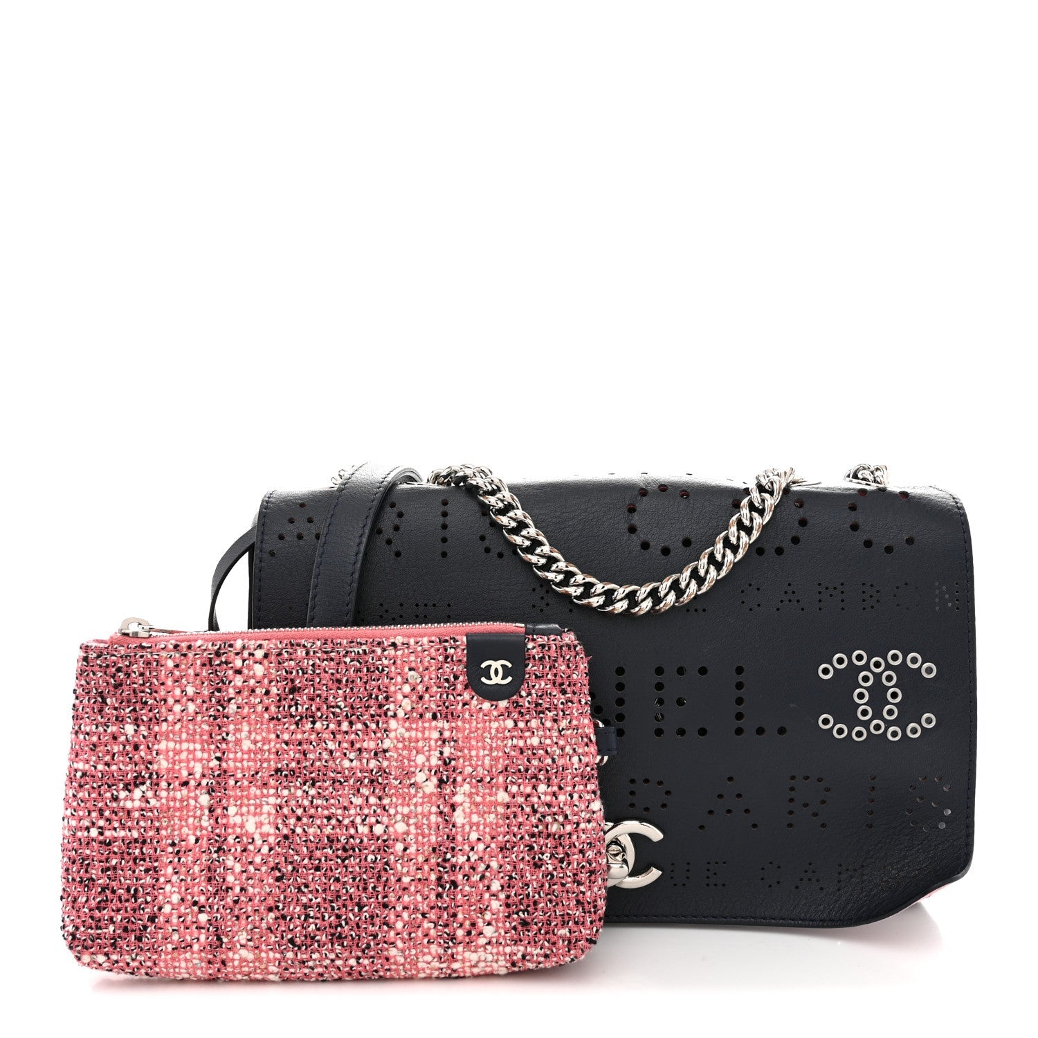 Calfskin Tweed Eyelet Flap Bag Navy