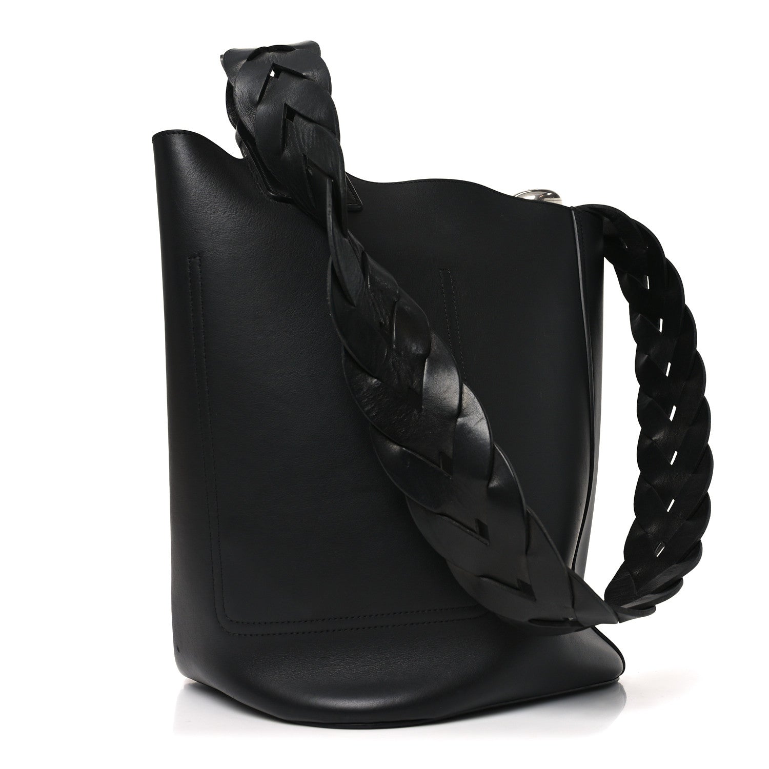 Smooth Calfski Large Woven Pebble Bucket Bag Black
