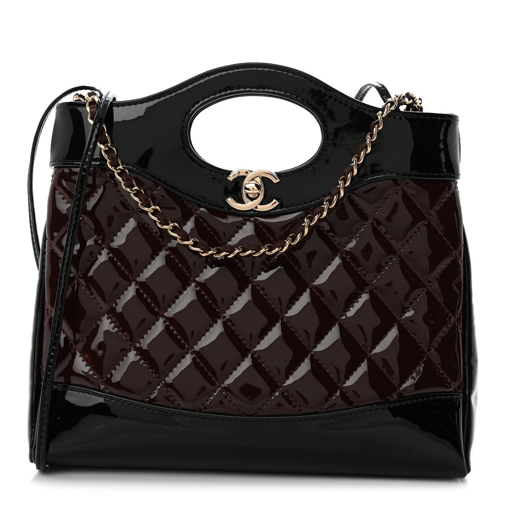 Patent Calfskin Quilted Mini 31 Shopping Bag Burgundy Black
