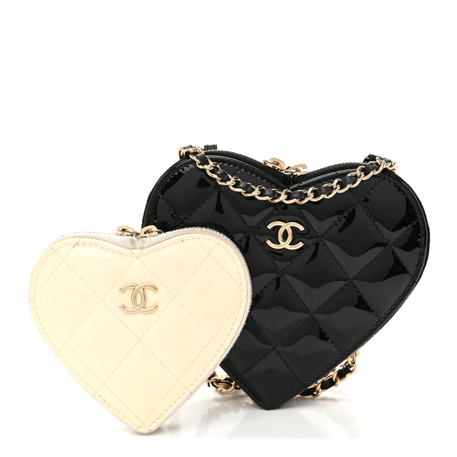 Patent Calfskin Resin Quilted CC Heart Clutch With Chain Black