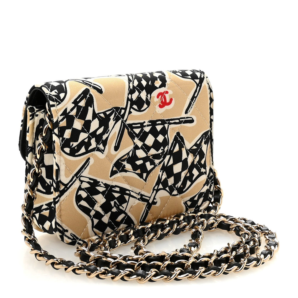Canvas Check Flag Printed CC Clutch With Chain Beige Multicolor