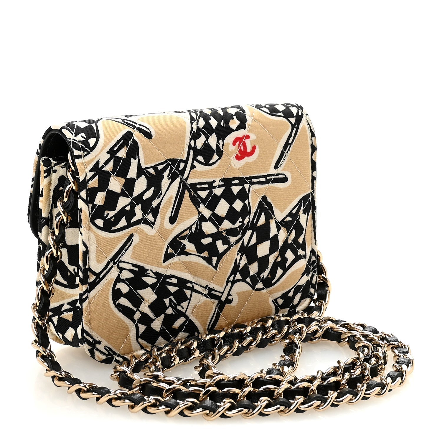 Canvas Check Flag Printed CC Clutch With Chain Beige Multicolor