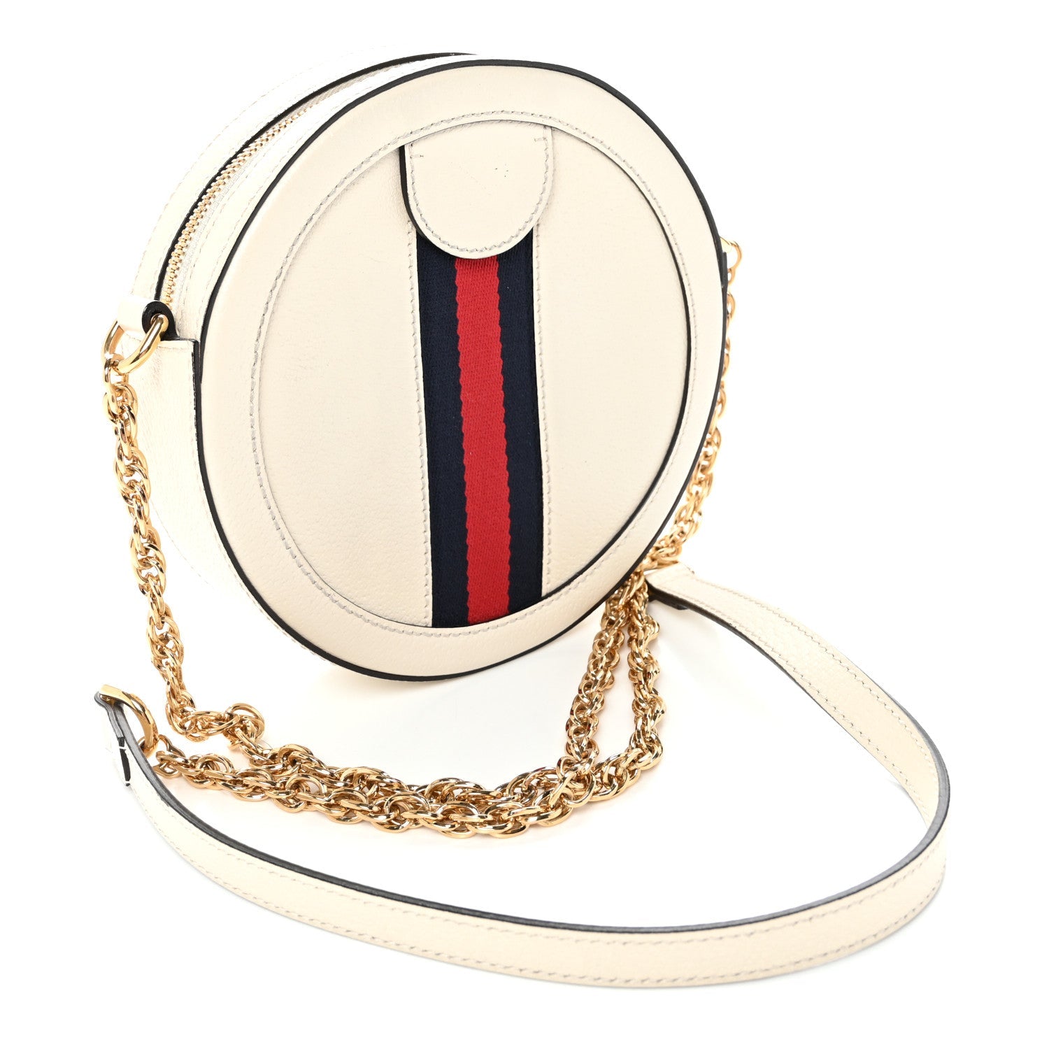 Textured Calfskin Web Mini Ophidia Round Shoulder Bag Mystic White