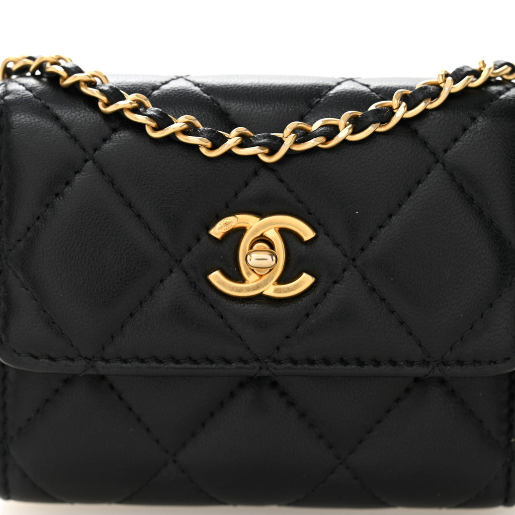 Lambskin Quilted Pearl Crush Card Holder With Chain Black