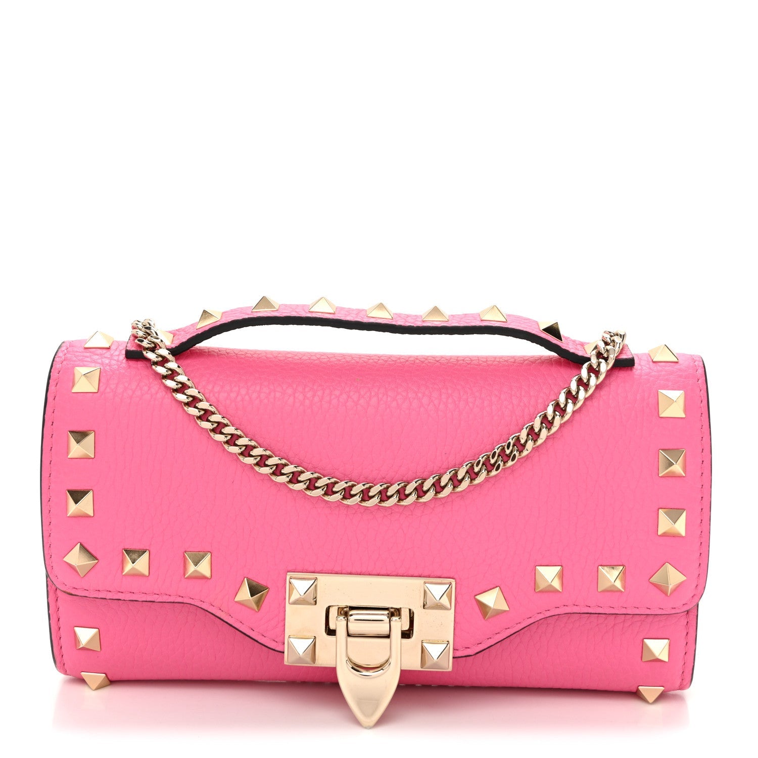 Pebbled Calfskin Rockstud Flip Lock Wallet On Chain Feminine Pink
