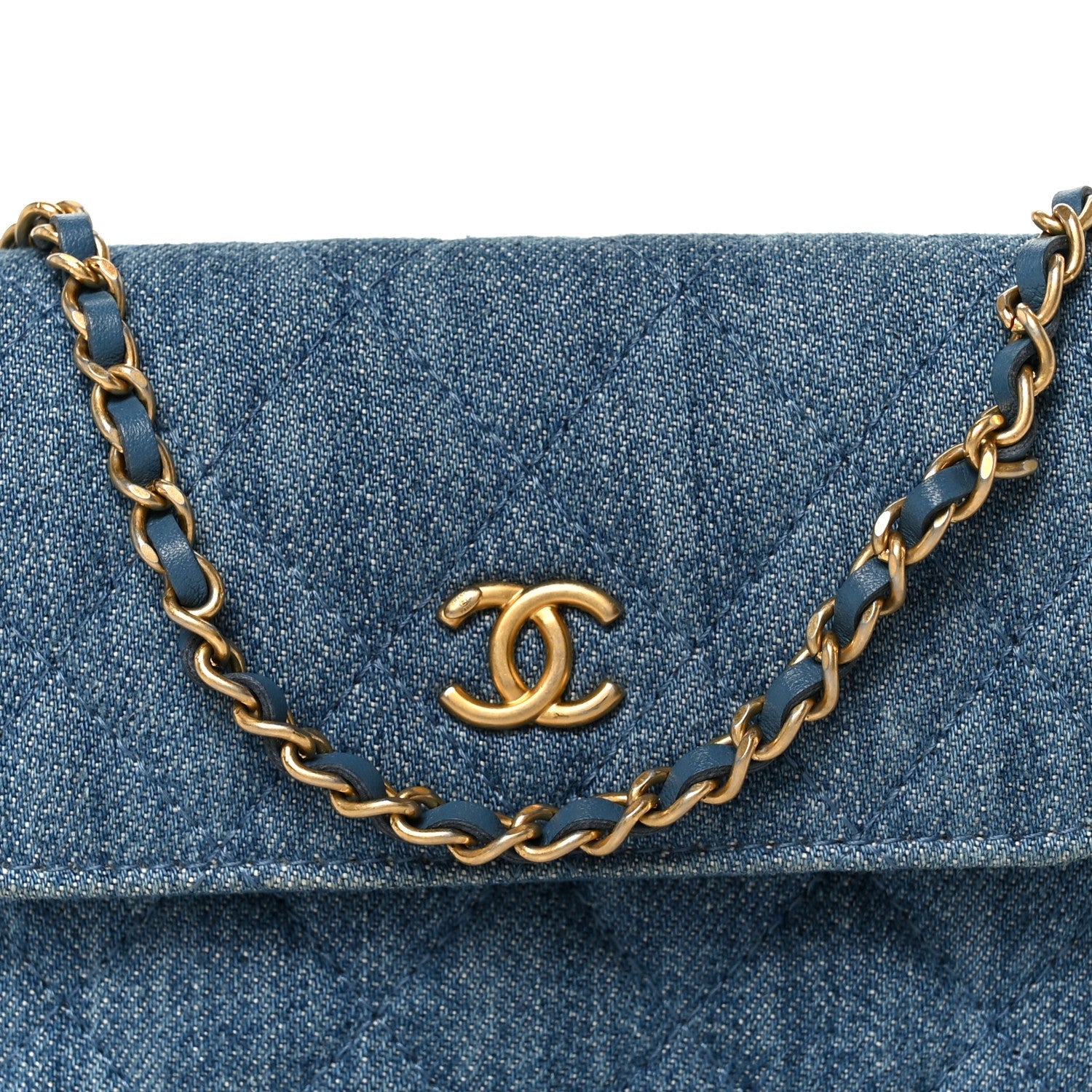 Denim Quilted CC Pearl Crush Clutch With Chain Blue
