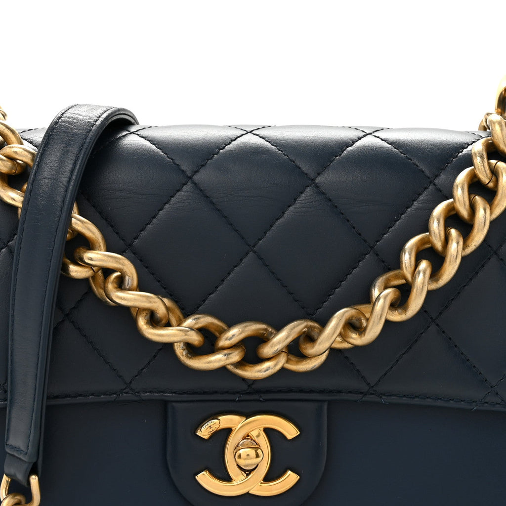 Glazed Calfskin Quilted Small Straight Lined Flap Blue
