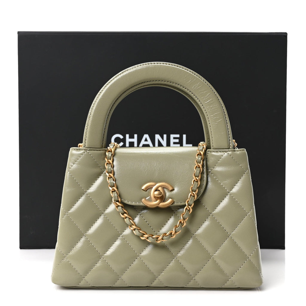 Shiny Aged Calfskin Quilted Nano Kelly Shopper Khaki