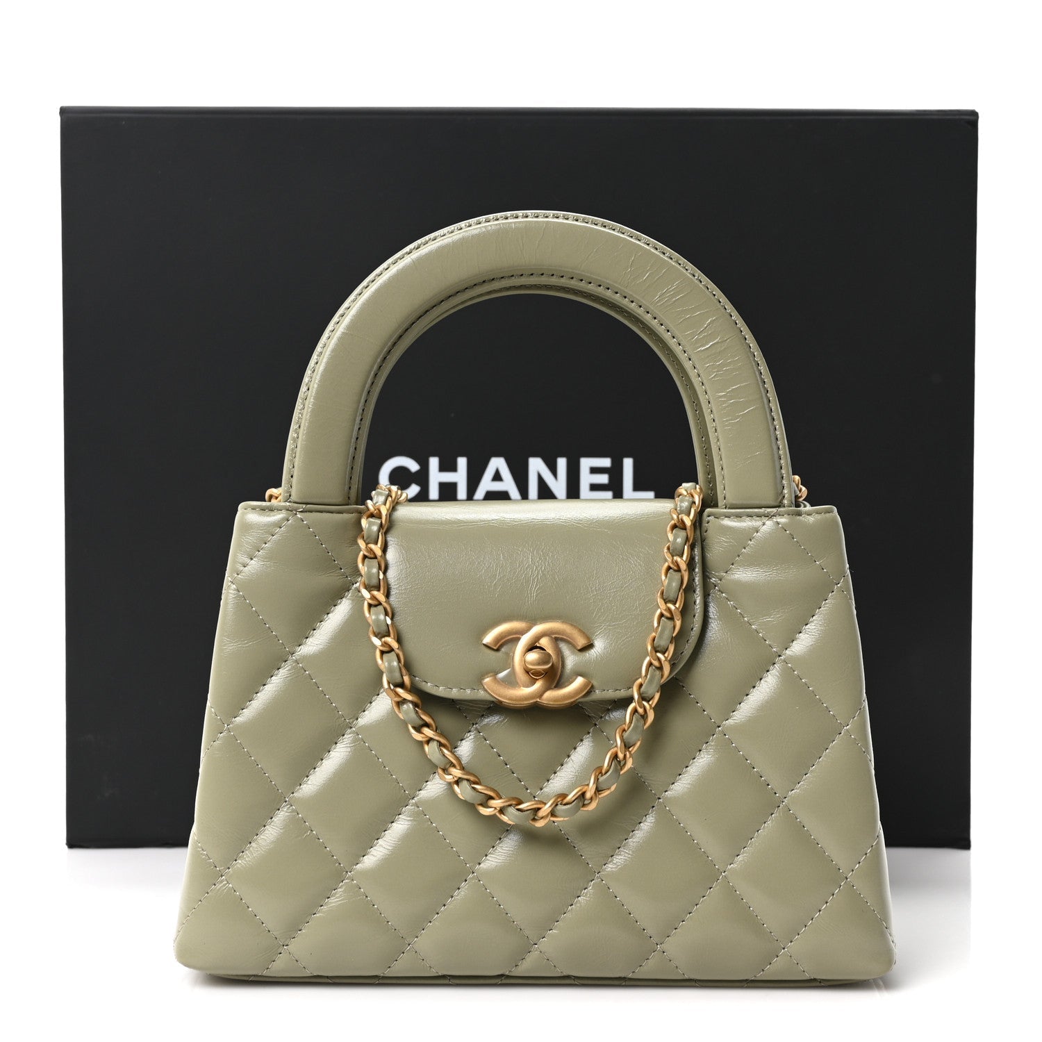 Shiny Aged Calfskin Quilted Nano Kelly Shopper Khaki