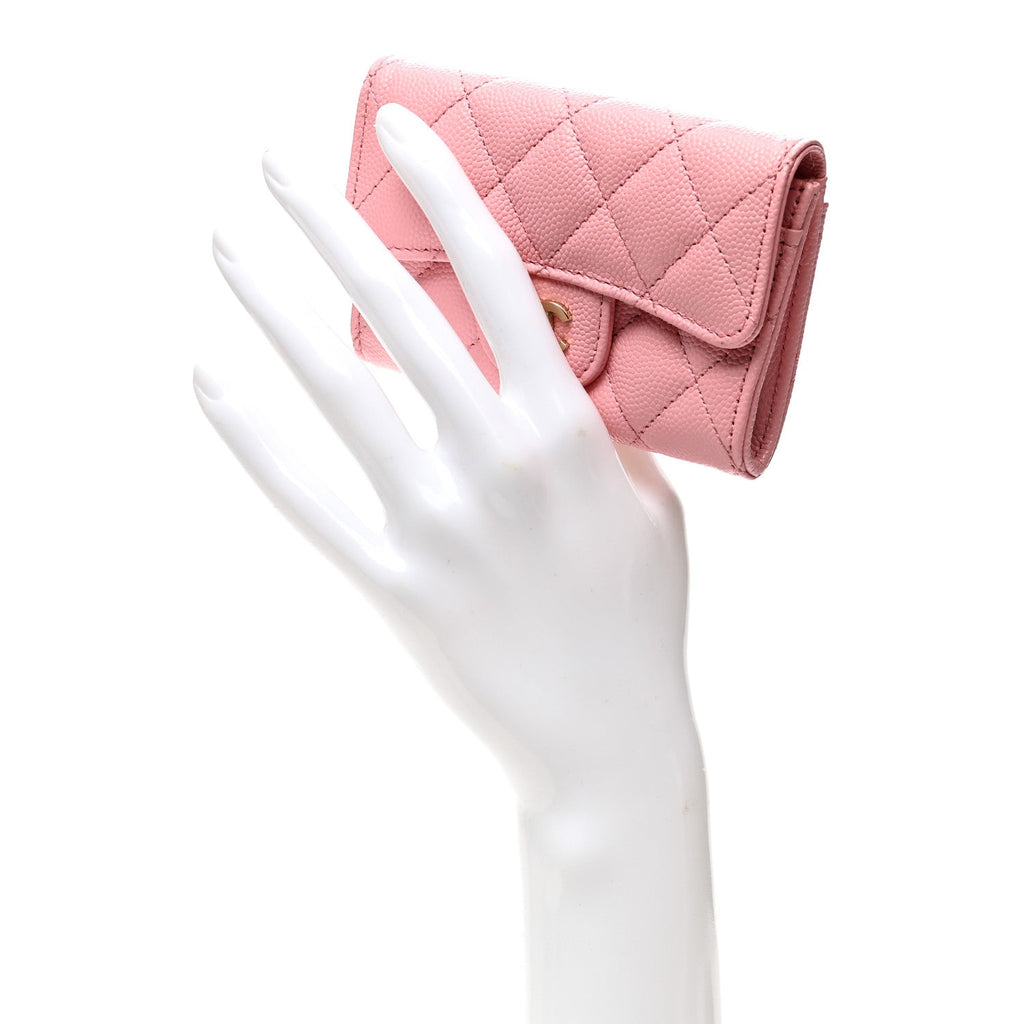 Caviar Quilted Flap Card Holder Wallet Pink