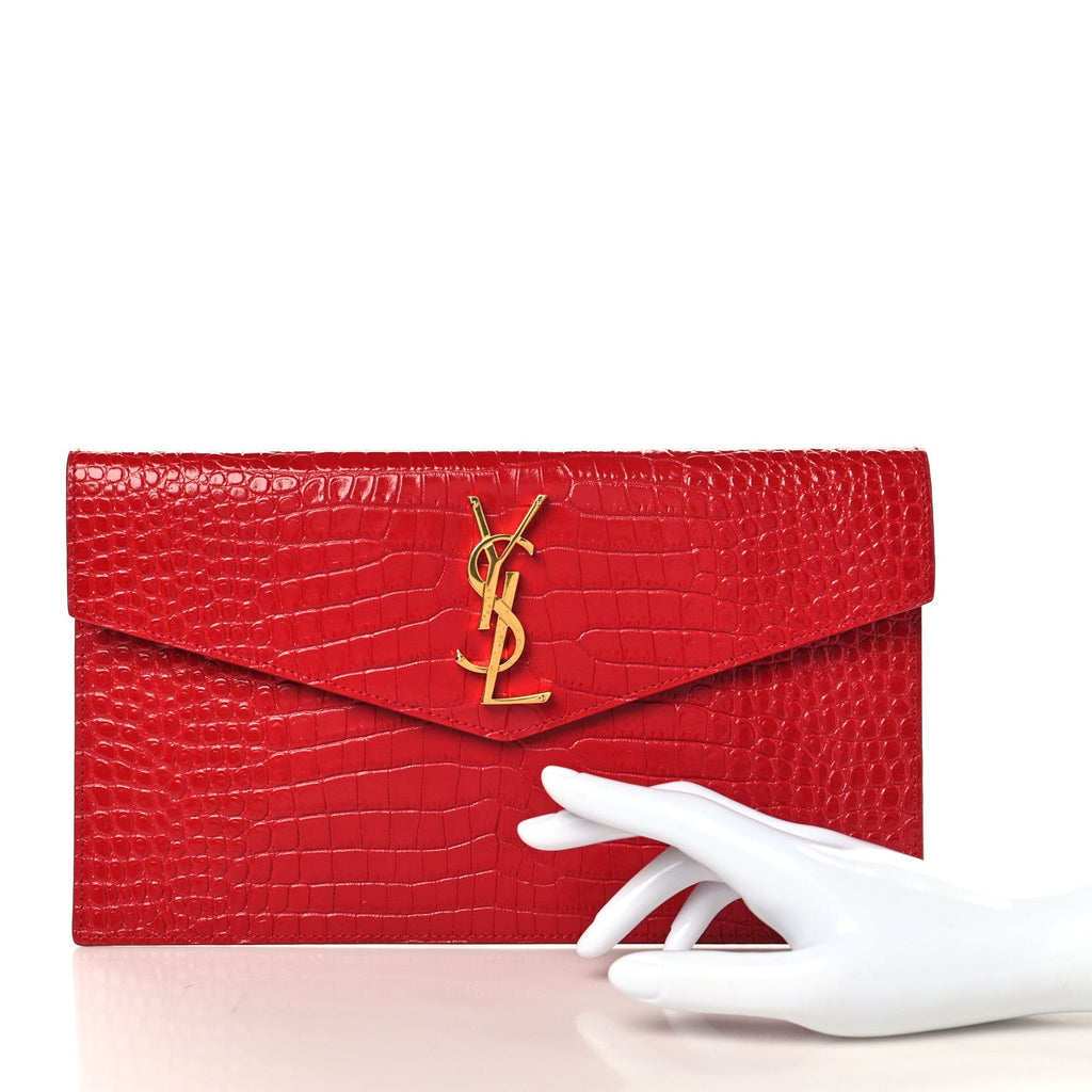 Calfskin Crocodile Embossed Uptown Monogram Pouch Rouge Eros