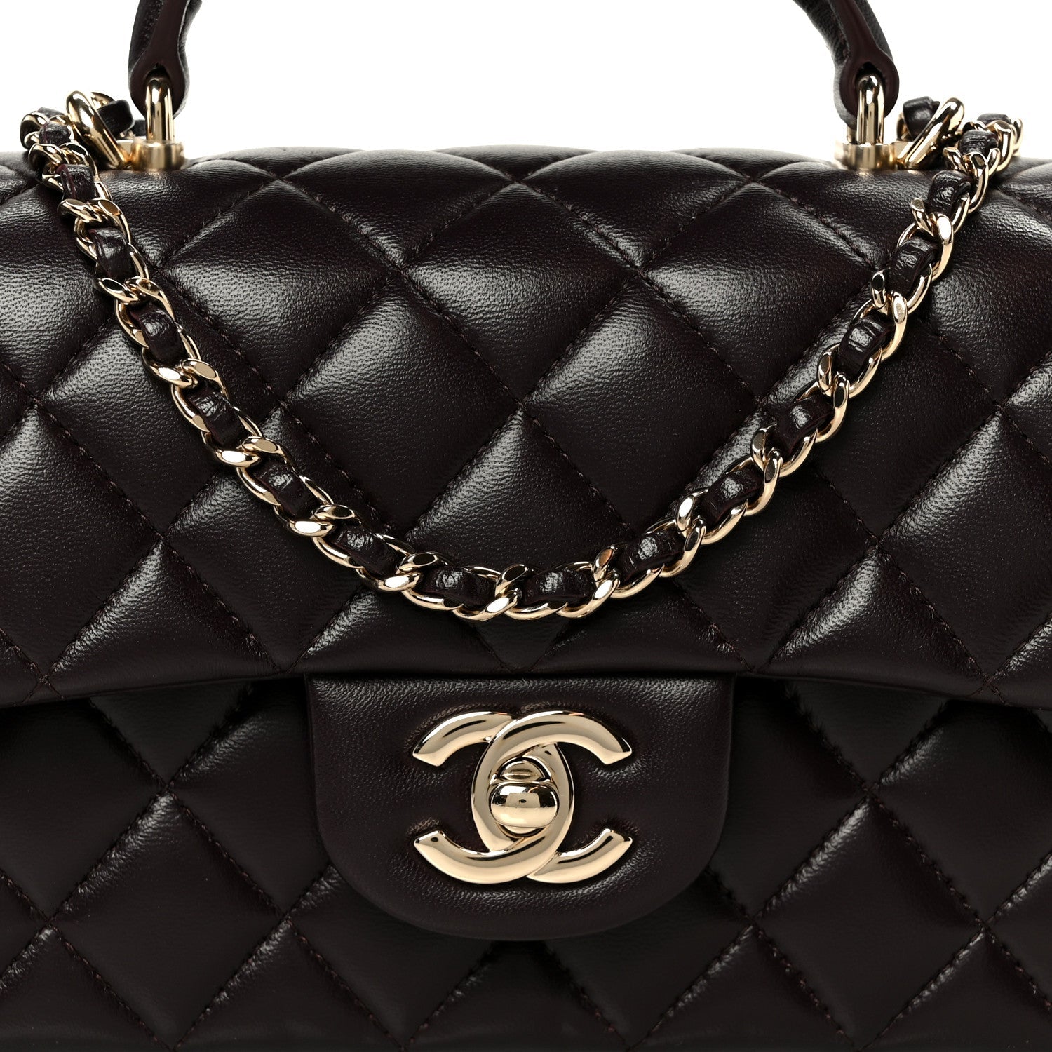 Lambskin Quilted Mini Top Handle Rectangular Flap Dark Brown