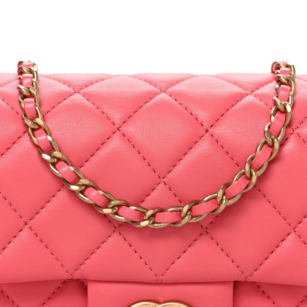 Lambskin Quilted Pearl Crush Mini Rectangular Flap Pink