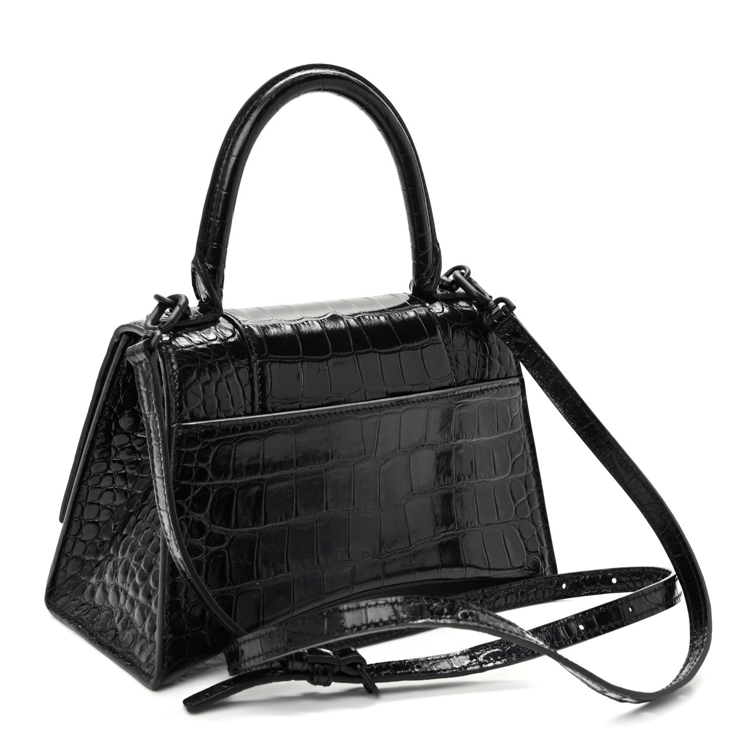 Shiny Calfskin Monochrome Crocodile Embossed Small Hourglass Top Handle Bag Black