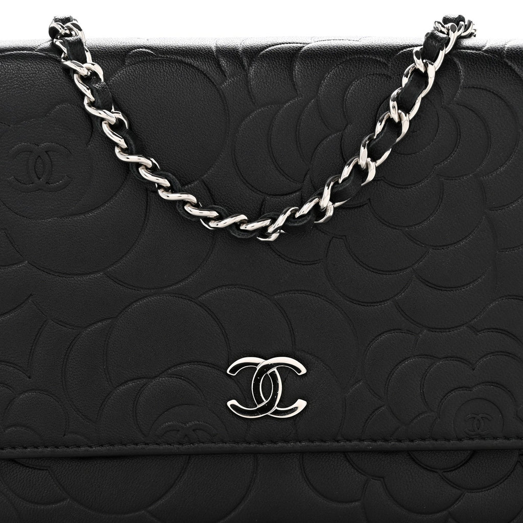 Lambskin Camellia Embossed Wallet On Chain WOC Black