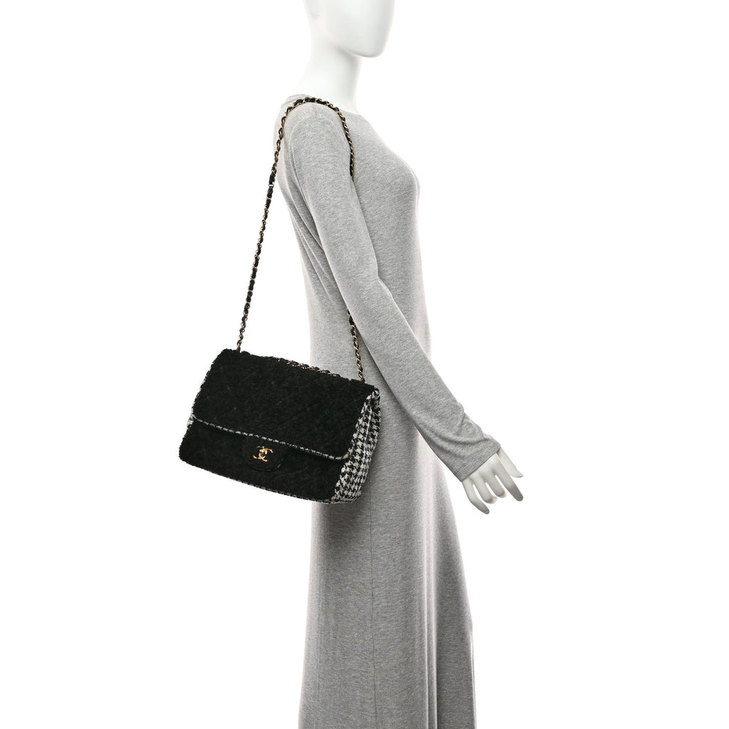 Shearling Tweed Jumbo Single Flap Black White