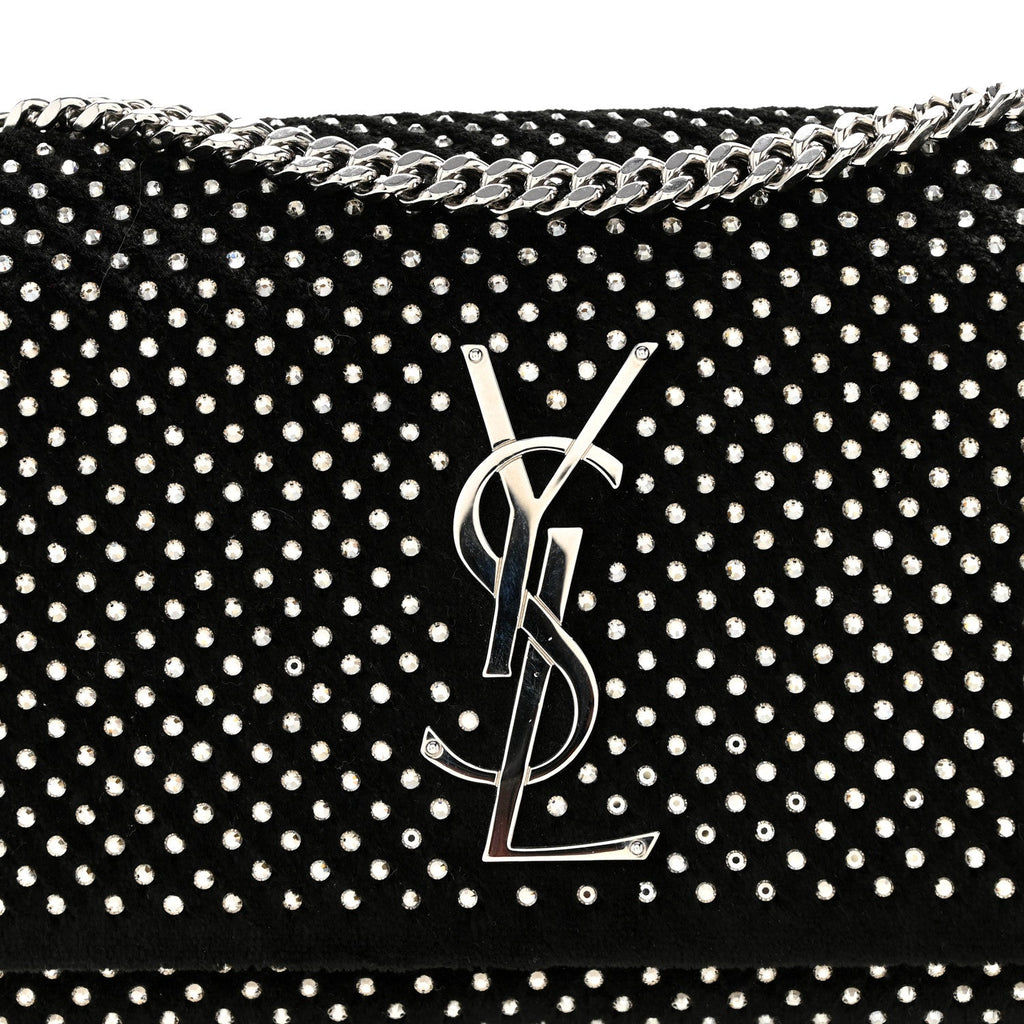Velvet Crystal Studded Monogram Small Kate Satchel Black