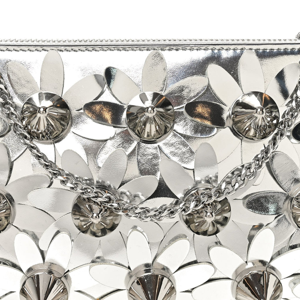 Metallic Patent Calfskin Flower Loubila Chain Clutch Silver