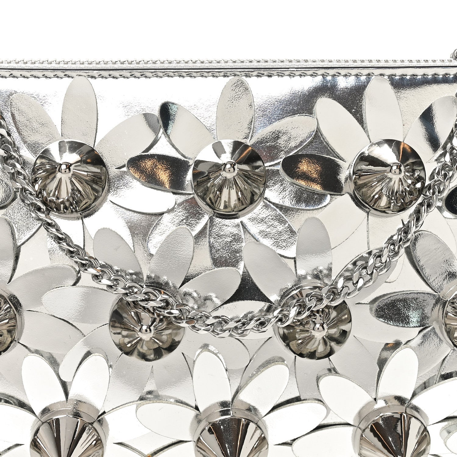 Metallic Patent Calfskin Flower Loubila Chain Clutch Silver