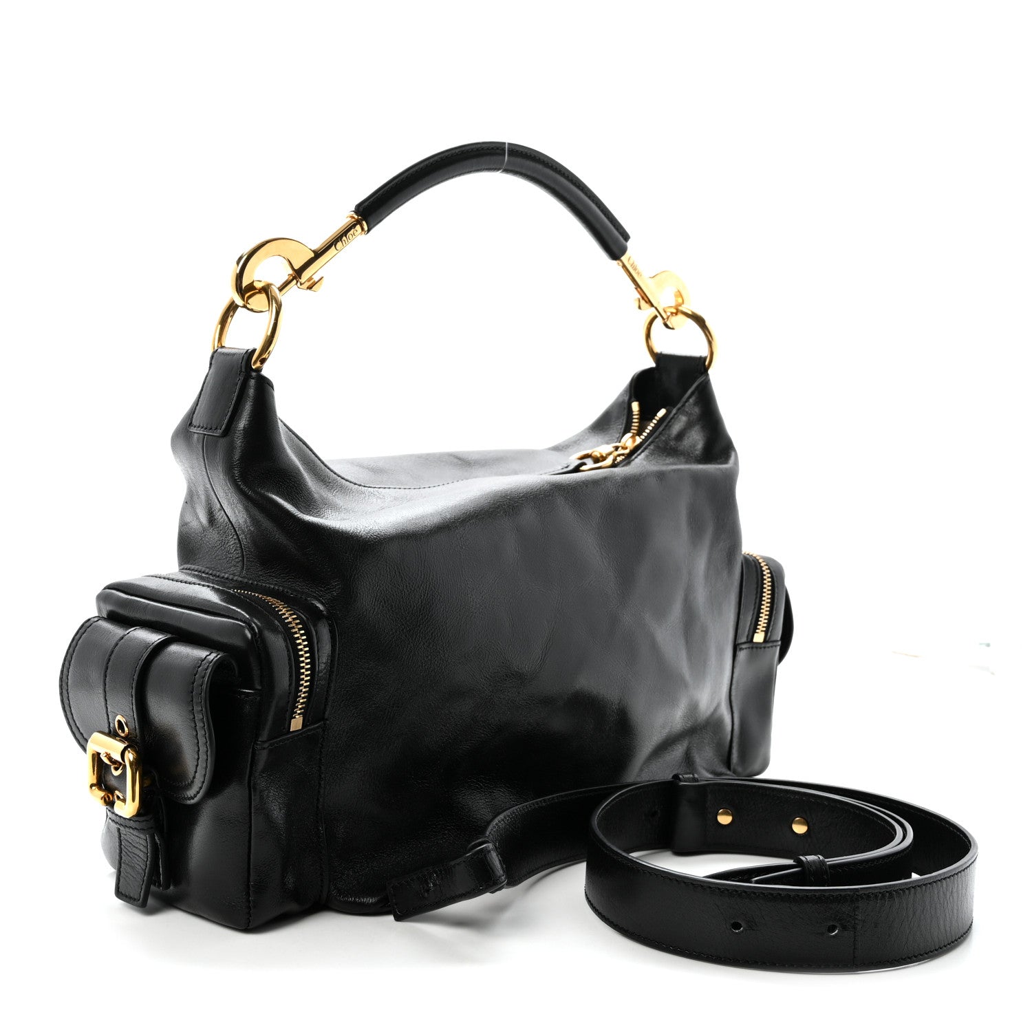 Shiny Calfskin Medium Double Carry Camera Bag Black