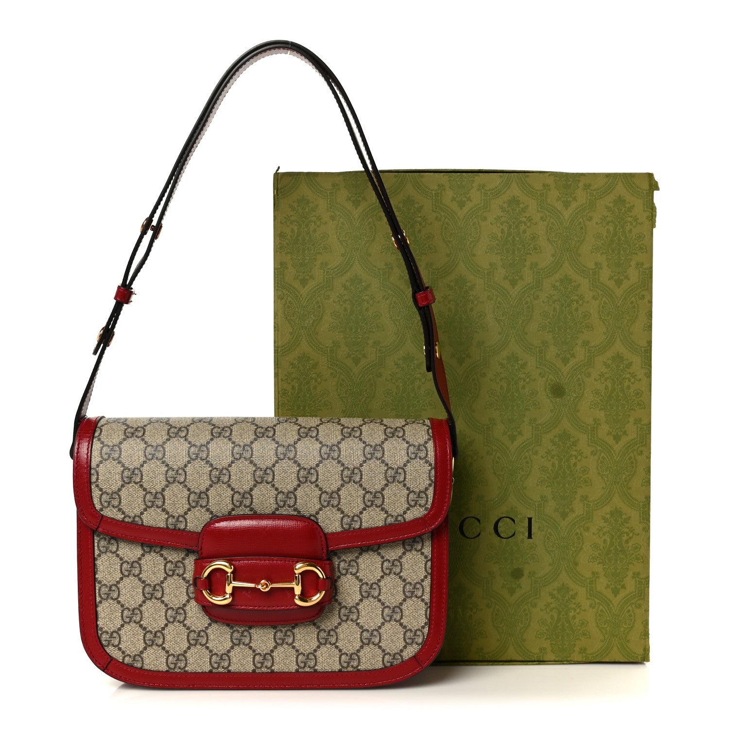 GG Supreme Monogram Azalea Calfskin Horsebit 1955 Shoulder Bag Beige Ebony New Cherry Red