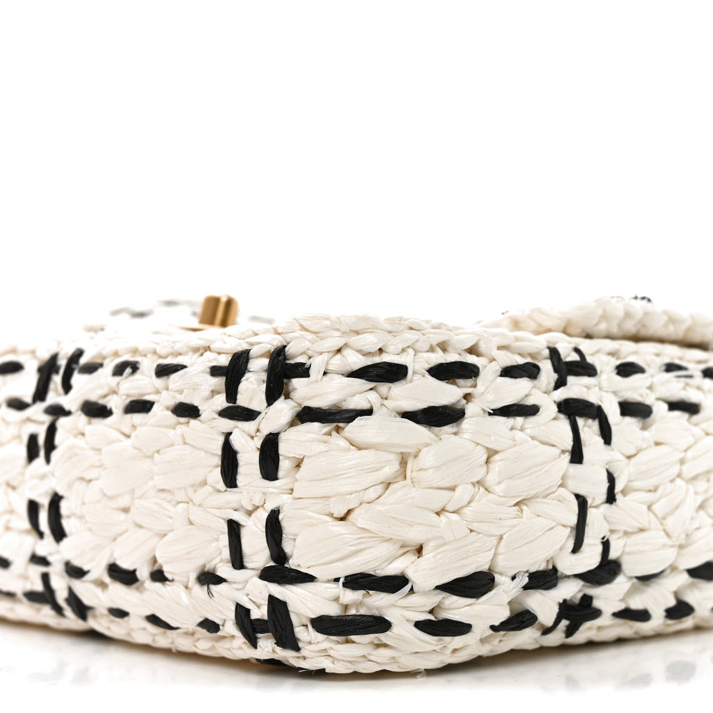 Raffia Effect Tweedy Mini Flap Bag White Black