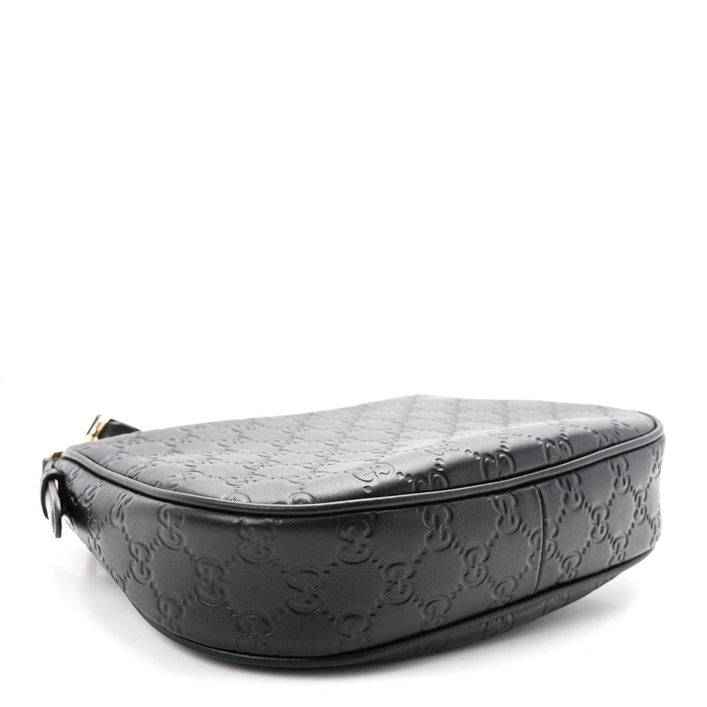 GG Calfskin Embossed Emblem Medium Half Moon Shoulder Bag Black