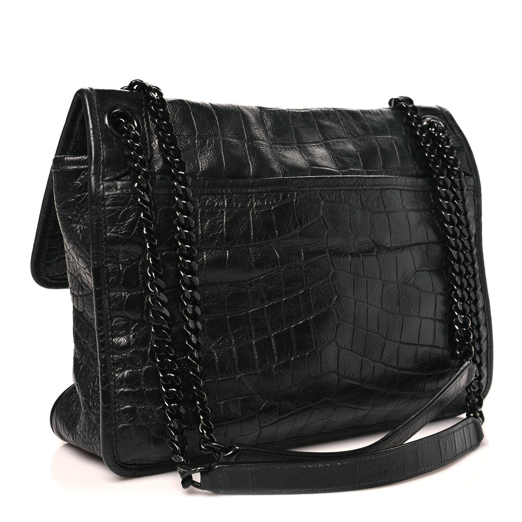 Crocodile Embossed Lambskin Monogram Medium Niki Chain Satchel Black
