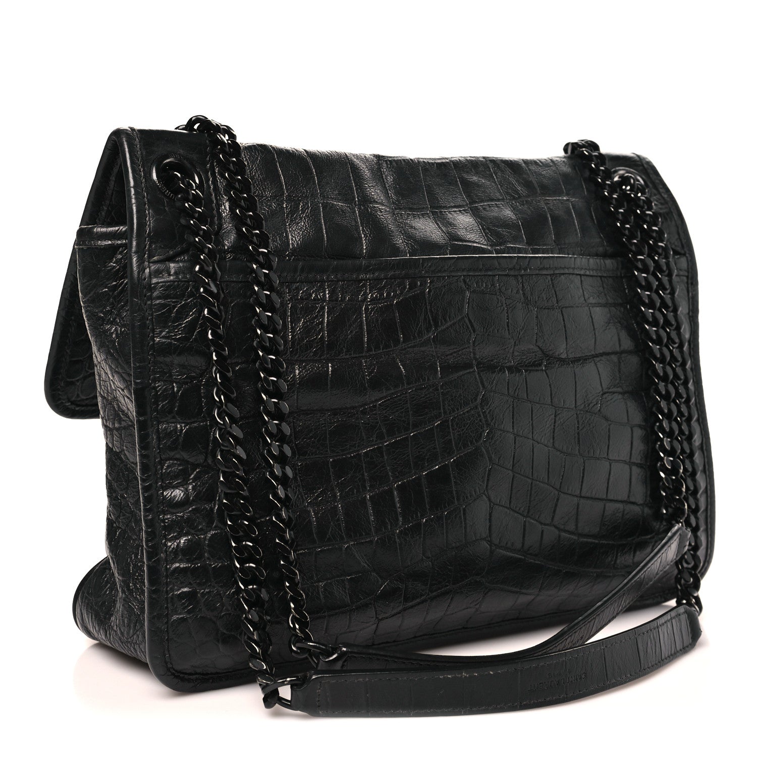 Crocodile Embossed Lambskin Monogram Medium Niki Chain Satchel Black